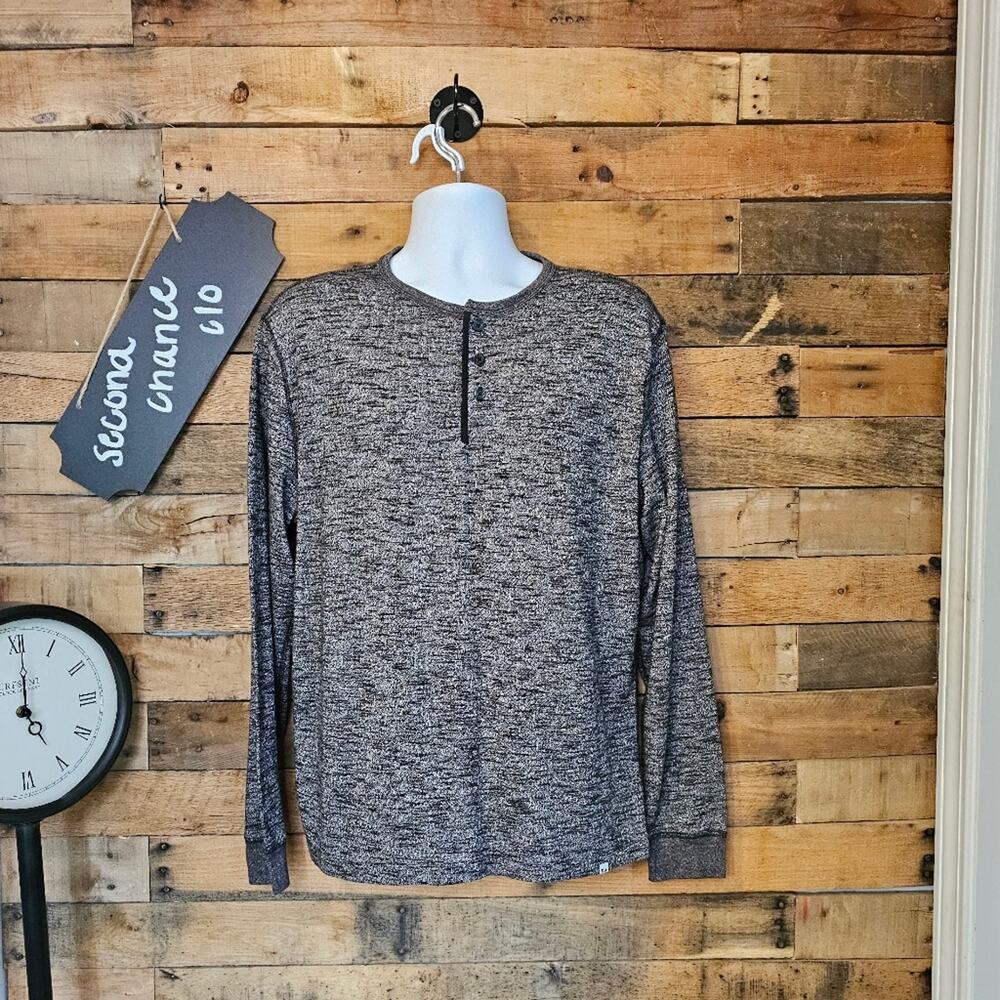 Free Assembly Men's button Henley Long Sleeve Heather Black Shirt Size L